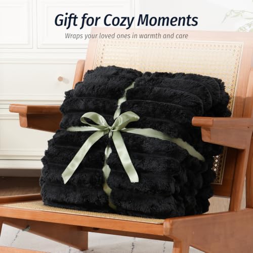 Image of Fleece Weighted Blanket for Adults 60 inch x 80 inch 15lbs Striped Blankets, Black | Soft Queen Size Sherpa Weighted Blankets with Glass Bead Filling, Plush 3D Striped Heavy Throw Blanket for Bed and Couch