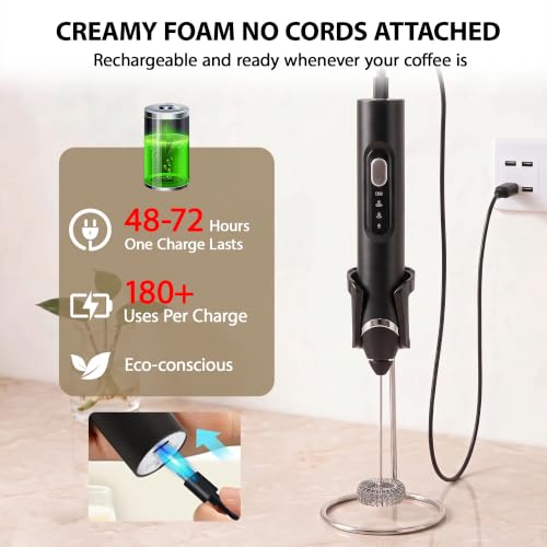 SOIOVO Handheld Milk Frother, Rechargeable 3-Speed Electric Whisk with 3 Detachable 304 Stainless Steel Heads, 6000/7000/8000 RPM, 1200mAh USB-C Coffee Mixer with Storage Stand, Matte Black - image 5