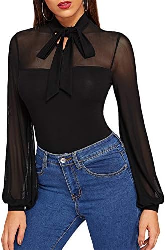 SheIn Women's Tie Neck Sheer Contrast 