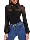 Romwe Women's Tie Neck Sheer Contrast Mesh Long Sleeve Sexy Blouse Top Black L