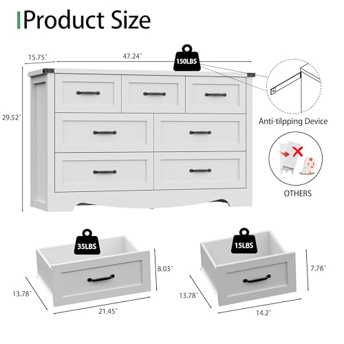 Image of Dresser for Bedroom with 7 Drawers, 48 inch Wide Modern Chest of Drawers with Deep Drawers & Mental Handle, Wood Dresser TV Stand, Wooden Closet Storage Organizer for Living Room, Hallway, Entryway, White