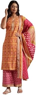 Libas Womens Printed Cotton Straight Kurta with Palazzos and Dupatta