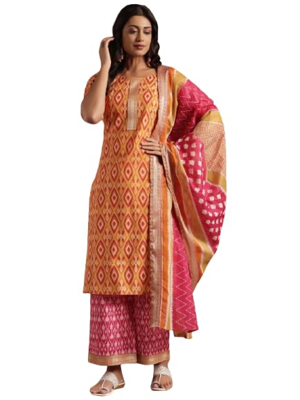 Womens Printed Cotton Straight Kurta with Palazzos and Dupatta