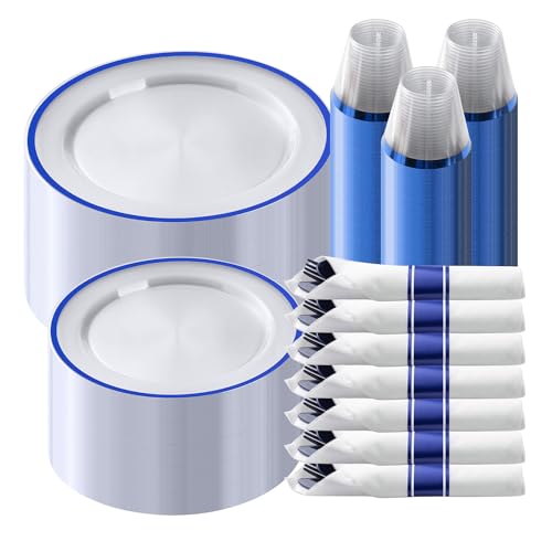 Goodluck 350 Piece Dark Blue Plastic Dinnerware Set for Party, Clear Disposable Plates for 50 Guests, Includes 100Plates, 50 Pre Rolled Napkins with Cutlery Set, 50 Cups, for Graduation, Birthday by Goodluck - Used condition - US$53.19