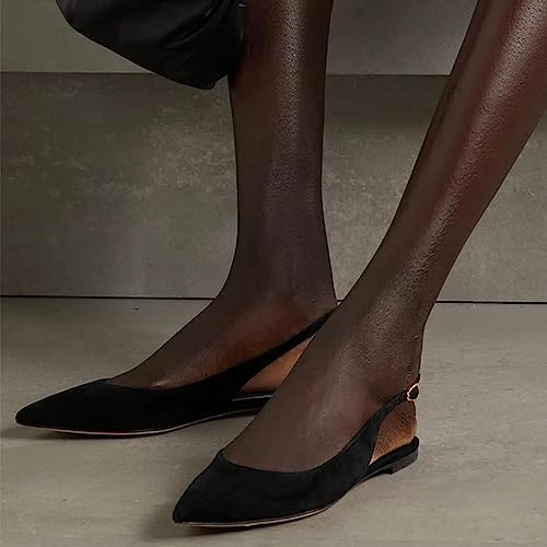 FOWT Women Pointy Toe Buckle Ballet Flats,Adjustable Back Strap Backless Dressy Shoes for Daily Wear,Black Suede Slight Heels Gold Tone with Party Event Office Lady Size 4-16 US4
