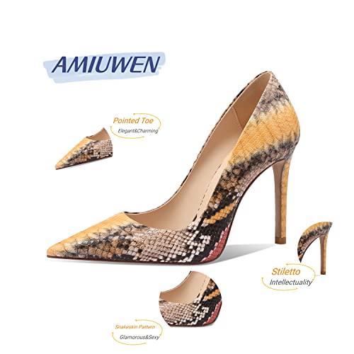 Amiuwen Women Stilettos Pumps,Sexy Snakeskin,3.94" High Heels,Closed Pointed Toe,Dress Shoes For Wedding Party Office(8-8.5,Brownish Yellow) #TOP3