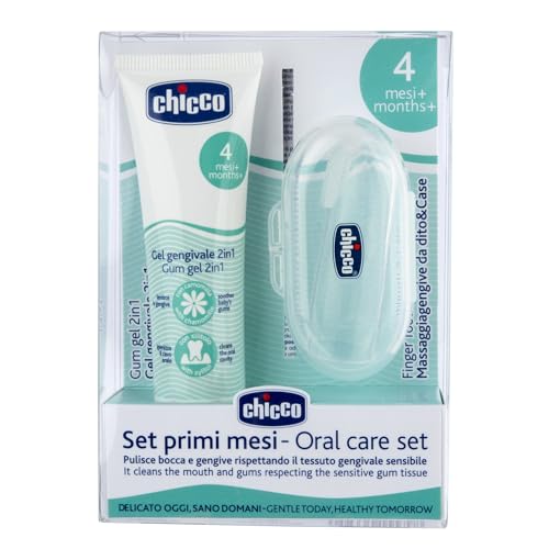Chicco Set Primi Mesi, Gel Gengivale e Massaggiagengive da Dito con Astuccio, Setole Morbide per Massaggiare Delicatamente Le Gengive Arrossate e i Primi Dentini, Azione Igienizzante e Lenitiva, 4m+