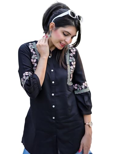 Image of Women's Viscose Rayon Embroidered A-Line Short Kurti Above Knee Regular Fit Tunic Top Office Wear Casual short kurti for women | office wear top | A-line kurti | raksha bandhan gift dress for women