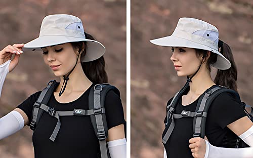 Women's Summer Sun-Hat Ponytail - Uv-Protection Mesh Wide Brim Foldable Hat With Ponytail Hole (Beige, 7 1/4) #TOP3