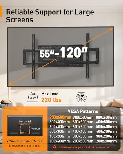 Image of Perlegear Extra Large Full Motion TV Wall Mount for 55-120 Inch TVs up to 220 lbs, Heavy Duty TV Mount Wall Bracket with Smooth Tilt, Swivel & Extension, Fits 16″ /24″ Wood Studs, Max VESA 900 x 600mm
