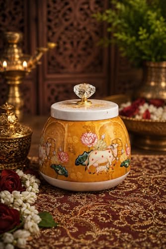 Image of Decorative Dry Fruit Jar with Lid | pichwai jar | 4 Inch kamdhenu Printed Jar for Dry Fruits, Mukhwas, Candy, baby shower housewarming wedding Return Gift | Premium Golden Cow Lotus Print (Yellow)