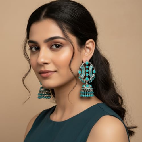Image of Women's Gold-Plated Floral Pearl Long Drop Earrings with Multi-Layer Chains for Traditional and Festive