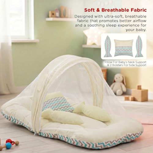 Image of BAYBEE Baby Bedding Set for New Born Baby, Bed Mattress with Mosquito Net & Neck Pillow, Sleeping Nest Travel, Infant Toddler Bed Set Gifts for Baby Boy Girl 0-6 Months (Green)