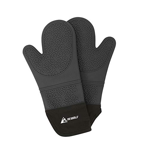Preisvergleich Produktbild HEWOLF Topfhandschuhe Silikon Ofenhandschuhe Hitzebeständige Extra Lange Ofenhandschuhe rutschfeste Küchenhandschuhe mit Silikon Backpinsel Spatel zum Kochen Grillen Backen BBQ, 1 Paar Schwarz