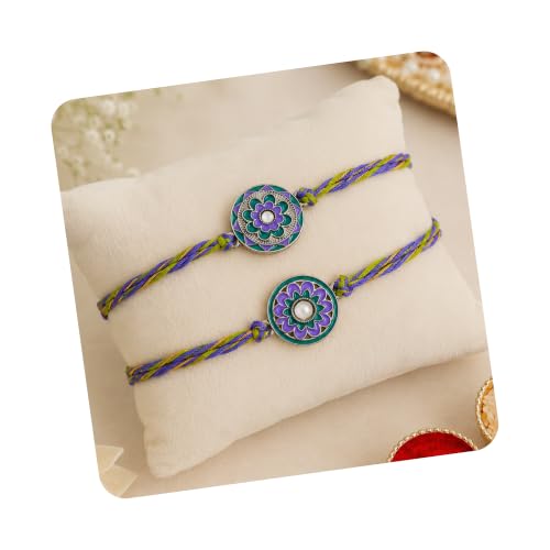 Image of eCraftIndia Multicolor Set of 2 Om Symbol and Peacock Designer Religious Rakhis with Roli Chawal Pack