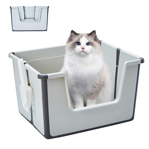 Pawsayes Cat Litter Tray Cat Litter Box with High Sides, Foldable Travel Large Open Top Litter Box for Small and Medium Cats, High Wall Low Entry Anti-Splashing Kitty Toilet with Scoop(Gray)