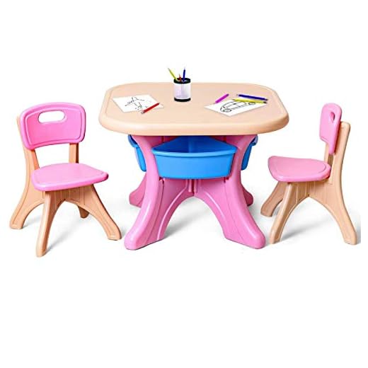 Costzon Kids Table and 2 Chair Set, Children Activity Art Table Set w/Detachable Storage Bins, Strong Bearing Capacity, Lightweight, Kiddie-Sized Plastic Furniture (Pink)