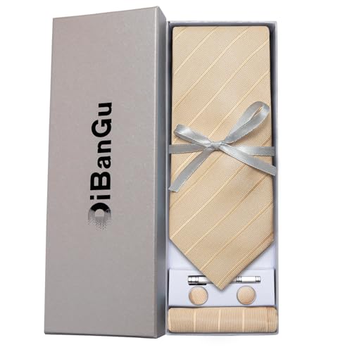 Image of DiBanGu Mens Silk Necktie Solid Color Tie and Pocket Square Cufflink Tie Clip Set Woven Plain Ties for Men Wedding Party