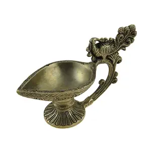Brass, Handmade Oil Lamp,Peacock Facing Back Indian Diya, 6.5 x 2.5 x 3.3 inches