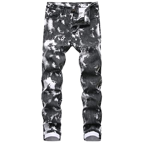 Men's Printed Skinny Stretch Jeans Slim Fit Comfort Straight Leg Denim Pants Classic Casual Vintage Jean Trousers (Black,30)