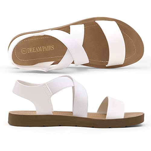DREAM PAIRS DREAM PAIRS Women's Open Toe Elastic Ankle Strap Flat Summer Sandals,Size 9,White,ELENA-2