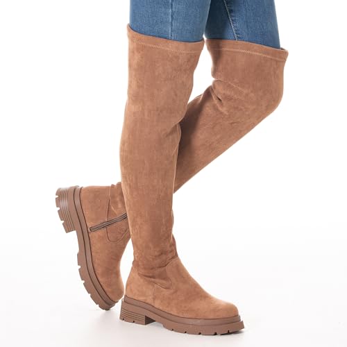 Mtzyoa Over The Knee Combat Boots for Women, Black Brown Suede Combat Platform, Side Zipper, Chunky Lug Sole, Round Toe, Thigh High, for Shopping Street Style2