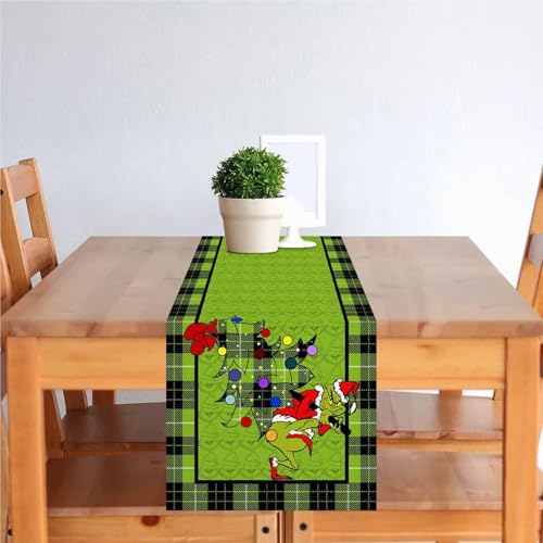Chemin de table lin vert de Noël lavable, nappe anti-plis 13x72 pour protéger et décorer la table