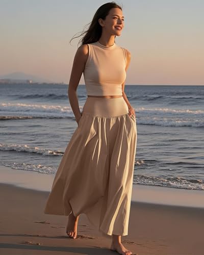 Ficerd 3 Pack Maxi Long Skirts for Women, Ankle Length High Waisted Pleated Flowy A Line Summer Casual Skirts with Pockets4