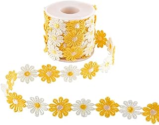 NBEADS 1 Roll 7.5 Yards Flower Lace Edging Trim Ribbon, 25mm Wide Polyester Daisy Ribbon Appliques Sewing Embroidery Crafts for Wedding Dress Hair Band Clothes Decoration, Yellow and White