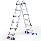 Wolec Telescoping A-Frame Ladder with Wheels & Stabilizer Bar - 20FT Folding Extension Ladder, 330lb Security Load Multi Position Ladders for Stairs Home Indoor Outdoor Roof