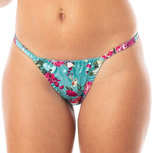 Satini Braguitas de satén Estampado Tanga Bikini Ropa Interior (Floral Rosa y Turquesa, M)