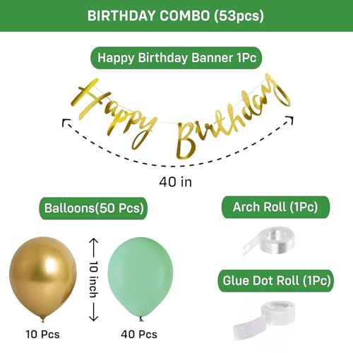 Image of Party Propz Green Birthday Decoration Kit For Boys -53 Pcs, Metallic Balloons For Decoration, Happy Birthday Banner For Kid, Celebration For Husband, Green, Golden (Cardstock, Latex)