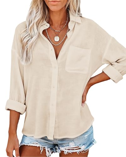 Womens Button Down Shirts with Pockets Long Sleeve Linen Feel Cotton Casual Blouses Loose Fit Summer Tops Apricot
