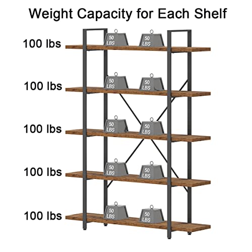Hsh Rustic Bookcases And Book Shelves 5 Shelf, Metal Wood 5 Tier Bookshelf And Storage Book Rack, Vintage Large Book Shelf For Bedroom Living Room Office,Open Vertical Display Etagere Book Case, Brown #TOP7