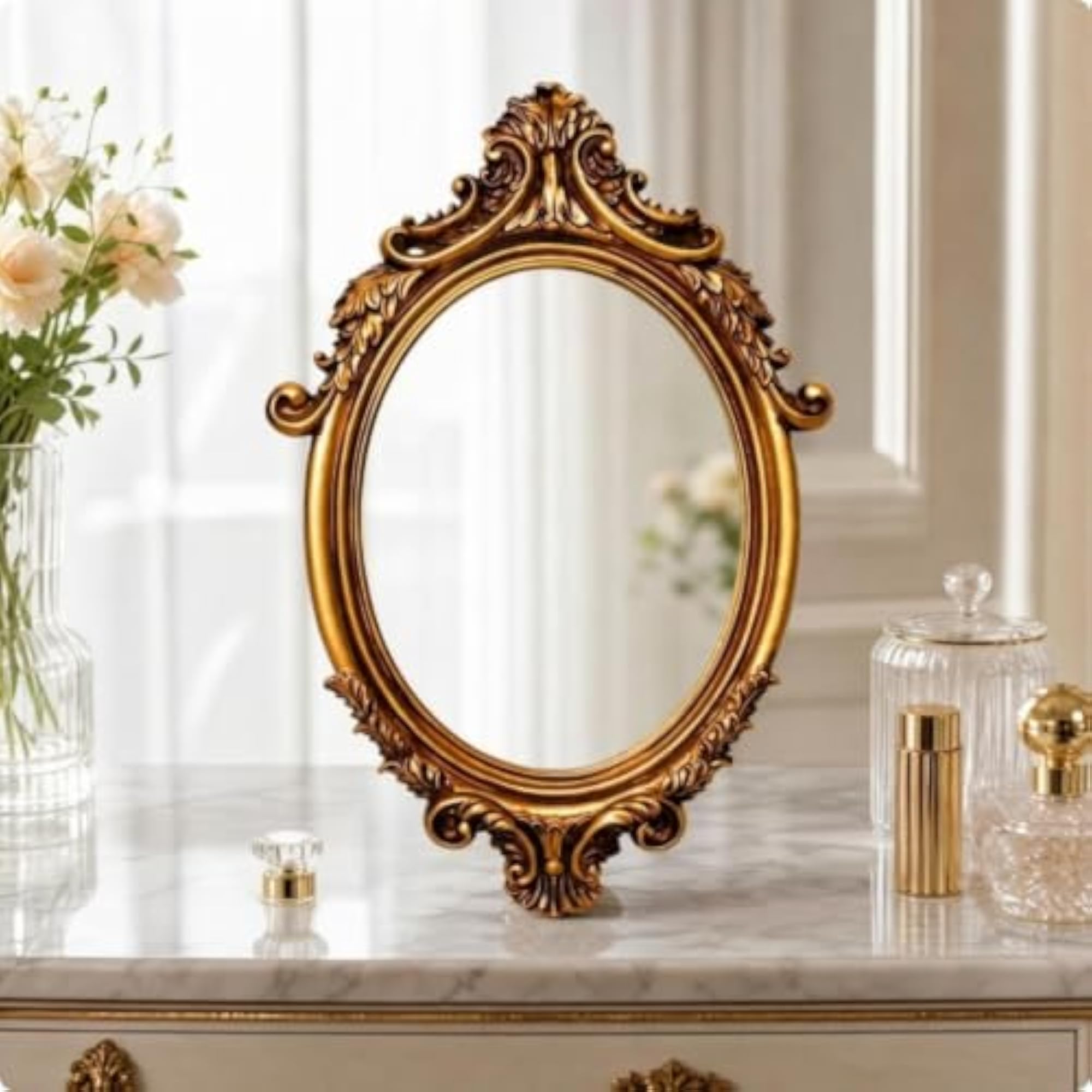 Baroque-Style Oval Mirror with Elegant Gold Resin Frame