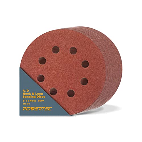 POWERTEC 45024-P2 Discos de lixa de gancho e laço de 8 furos de 12,7 cm, grão 240, pacote com 50, li