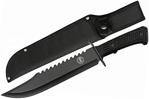 SZCO Full Tang Hunting Knife 15 Inch - Amendment Camping Knife with Rubberized Handle, Stainless Steel Sawback Blade & Sheath - Pocket Knife for Hunting & Camping - Knives for Men