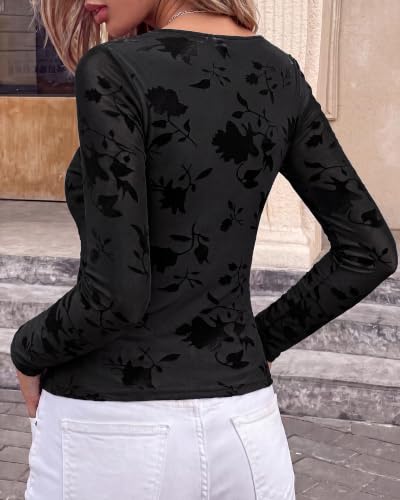 BTFBM Fall Tops For Women Floral Mesh Boho Top Cowl Neck Long Sleeve Shirts - image 3