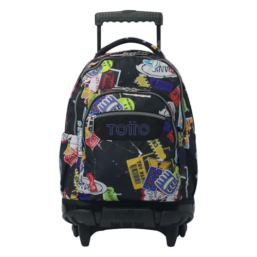 TOTTO - Mochila Escolar con Ruedas, Modelo Renglones, Capacidad 26,21 Litros, Bolsillo para PC 14', Bolsillo Botella, Correas en S para Mayor Comodidad, Resistente, Estampado Sticky