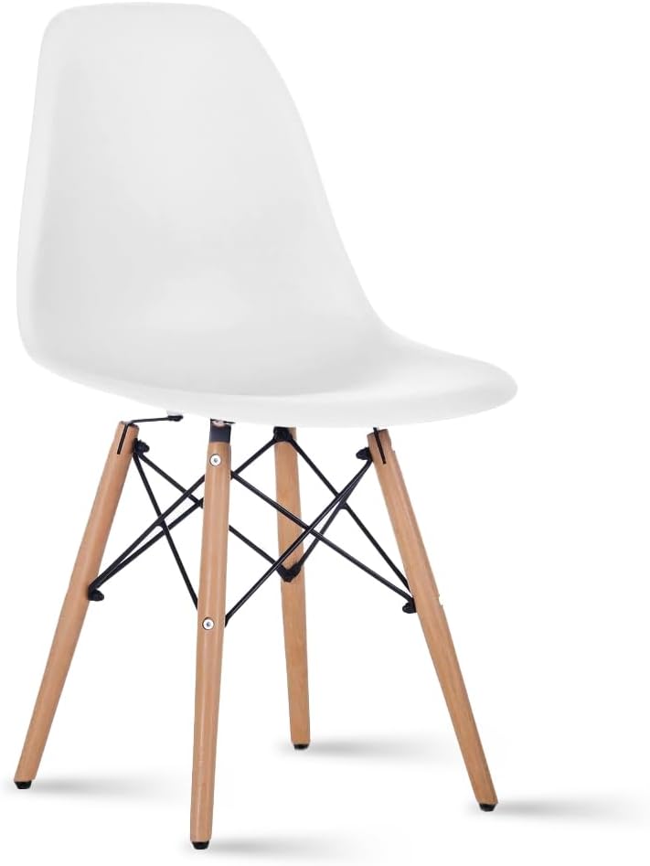 2xhome - DSW Molded Plastic Shell Bedroom Dining Side Ray Chair with Brown Wood Eiffel Dowel-Legs Base Nature Legs (White)