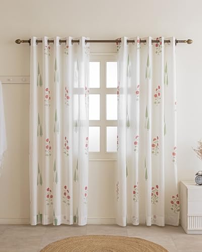 Image of Clasiko Block Print Sheer Window Curtains; 40% Light Filtering Linen Textured Curtains with Eyelets; Set of 2; 54x60 Inches / 5 Feet; Elysian Blossom