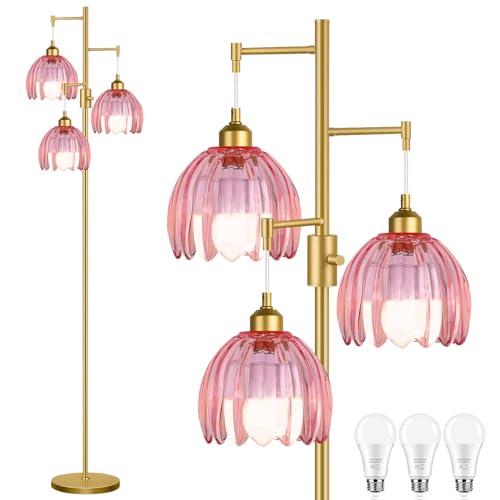 Image of ZECOXOL Gold Floor Lamps for Living Room Vintage Pink Floor Lamp with Glass Lmapshape & Three Led Bulb,Dimmable Mid Century Modern Standing Lamp Tall Tree Flower Floor Lamps for Bedroom,Office,Corner