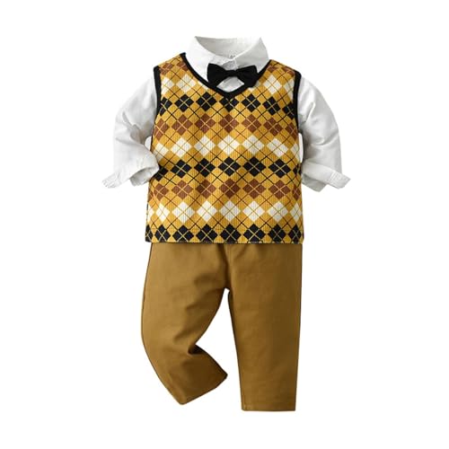 Generisch Primavera Niños Cuello en V Chaleco Manga Larga Niño Algodón Camisa Pantalones Tres Piezas Conjunto, amarillo, 4-5 años
