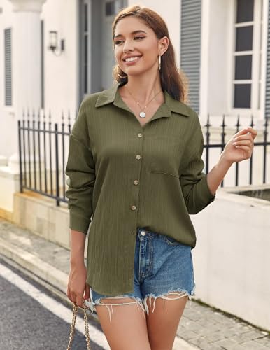 Zeagoo Womens Button Down Shirts Casual Long Sleeve Blouses V Neck Dress Shirt Textured Collared Work Tops with Pocket3