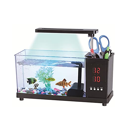 XYZMDJ Mini Aquarium Fish Aquarium USB avec écran LCD léger à LED Écran d'affichage et Poisson de Poisson d'horloge Aquarium Tanks de Poisson Noir/Blanc Decor de Table (Color : Black)