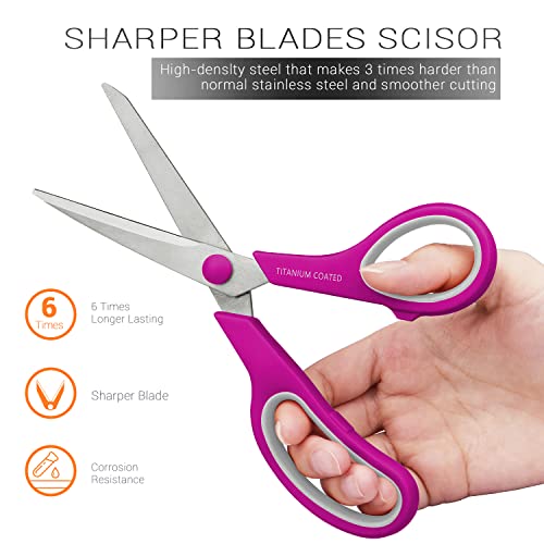 Scissors 8" Multipurpose Scissors Titanium Coated Sturdy Sharp Scissors Right/Left Handed Comfort-Grip Handles For Office Home School Sewing Fabric Craft Supplies Rose/Gray #TOP4