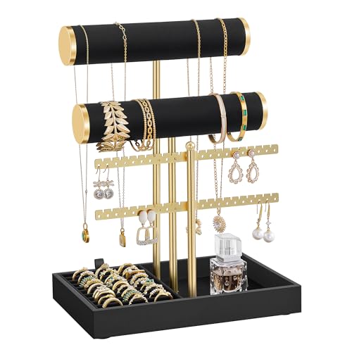 Image of SONGMICS Bracelet Holder Stand, Jewelry Display Stand, Jewelry Organizer, with 2 Tiers and Velvet Tray, Earring Organizer, Removable Ring Holder, Ink Black and Pale Gold UJJS046B101