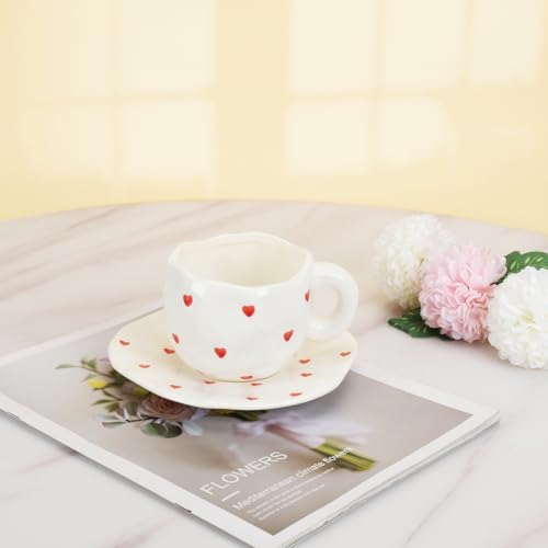 Image of Koythin 10oz Ceramic Mug With Saucer, Small Red Heart Couple Latte Tea Cup