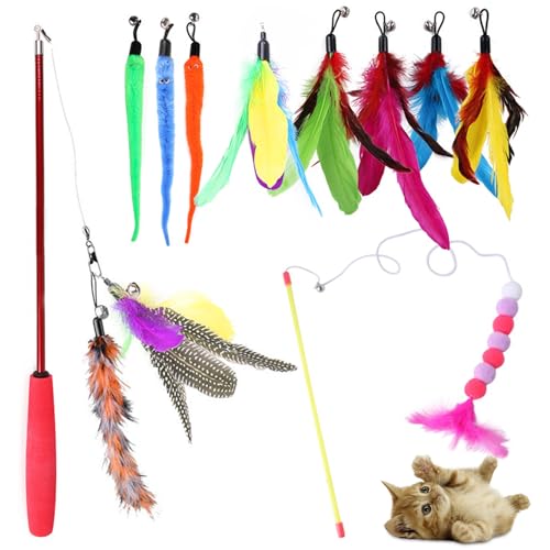 Zyluniy Gioco Gatto 12PCS Giochi con Piume per Gatto Giocattolo Piuma Interattivi Retrattile, Giochi con Piume per Gatti con Campana per l'esercitazione per Gatti e Gattini