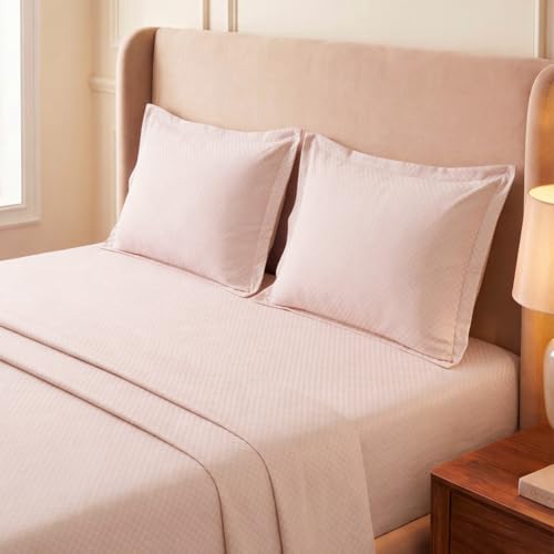Image of LANE LINEN 400TC 100% Cotton Micro Check King Size Bedsheet - Sepia Rose | OEKO-Tex Certified, 108 x 108 Inch, Fits King & Double Size Bed, Breathable & Wrinkle-Free, Includes 2 Pillow Covers